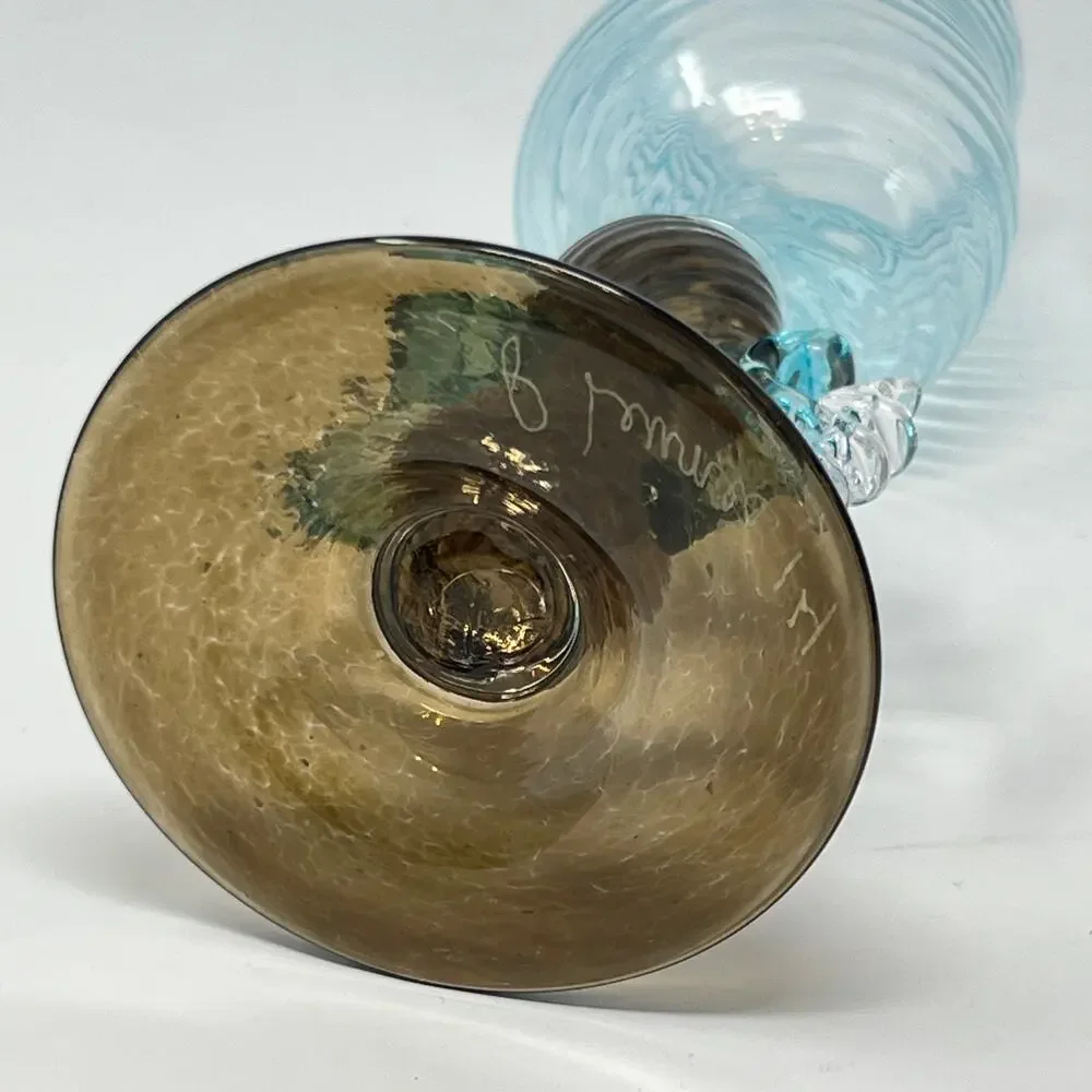 Murano Style Goblet Art Glass Signed Venetian Blue Amber Brown Hand Blown